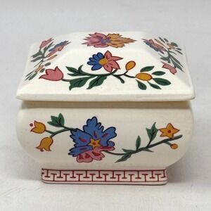 Floral 3 Inch Square Ceramic Lidded Jewelry Trinket Box 80s Oriental Gift Vanity